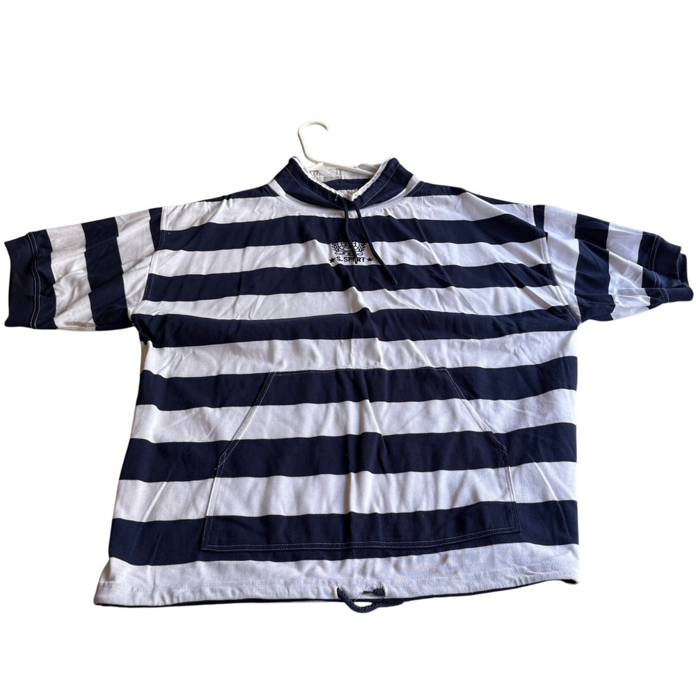 Vintage MJ Carroll Navy White Striped Short Sleeve Hoodie‎ Sweatshirt